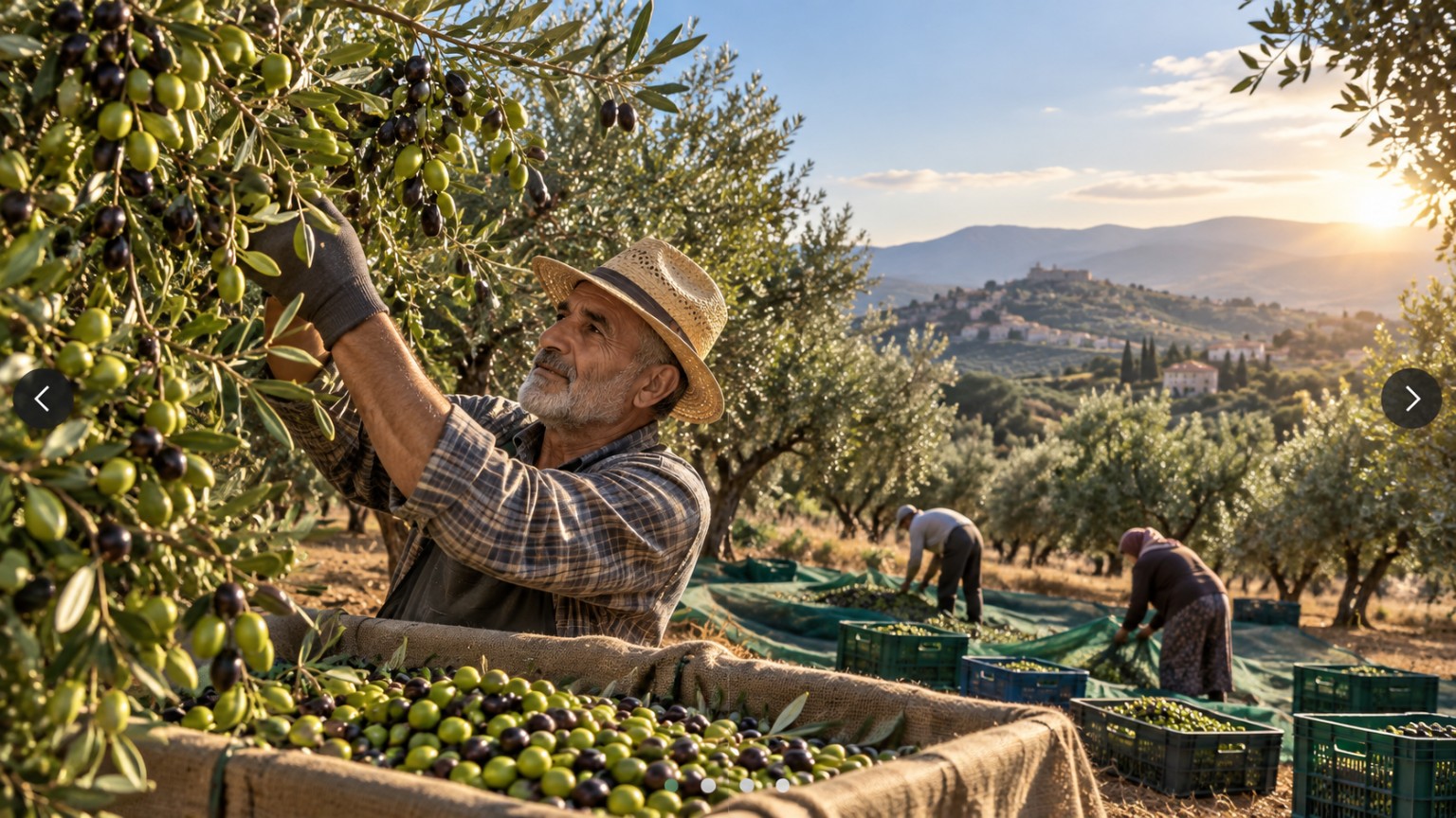 Olive farmer harvesting olives in grove