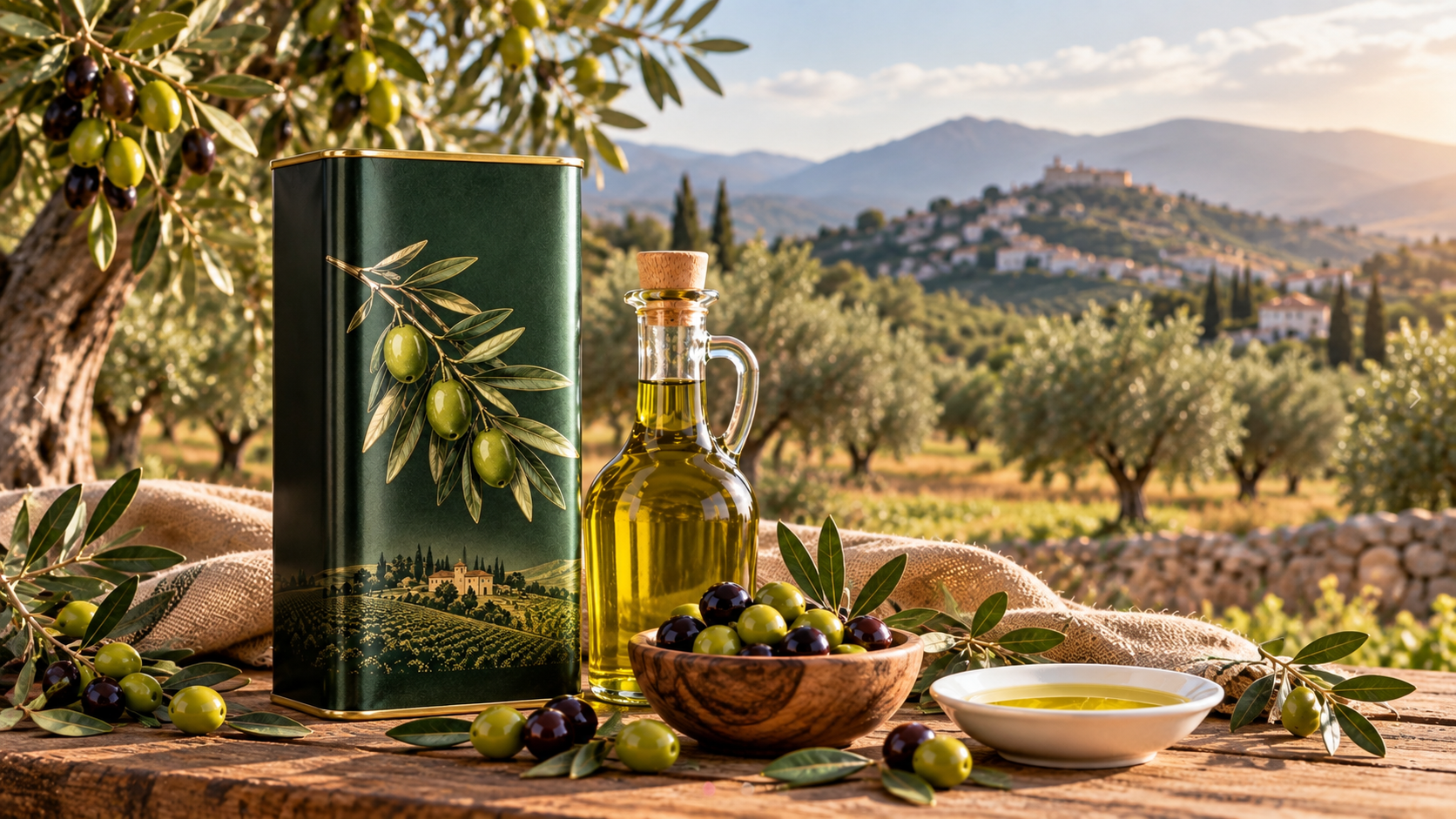 Premium olive oil tin, olive oil and olives