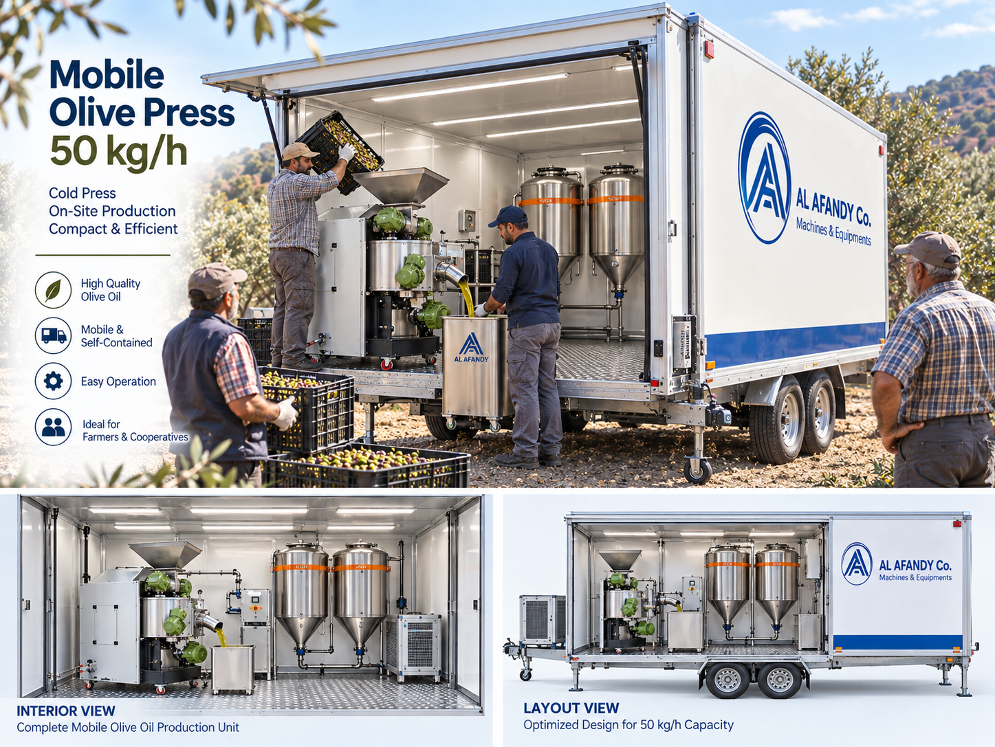 Mobile olive mill interior layout with AL AFANDY olive processing equipment