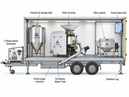 AL AFANDY mobile olive oil press 50 and 100 kg/h for farms, municipalities and cooperatives